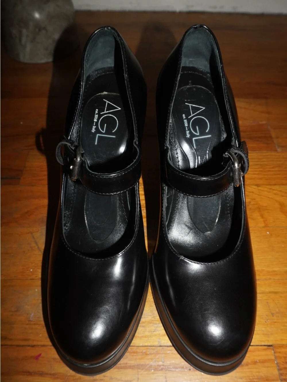 Agl Black Leather Mary Jane Platform Pumps